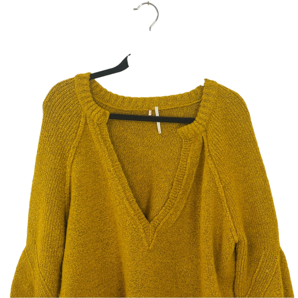 Free People Lovely Lines Pullover Wool Sweater Mustard Sunstone Combo SZ Medium - Picture 12 of 14